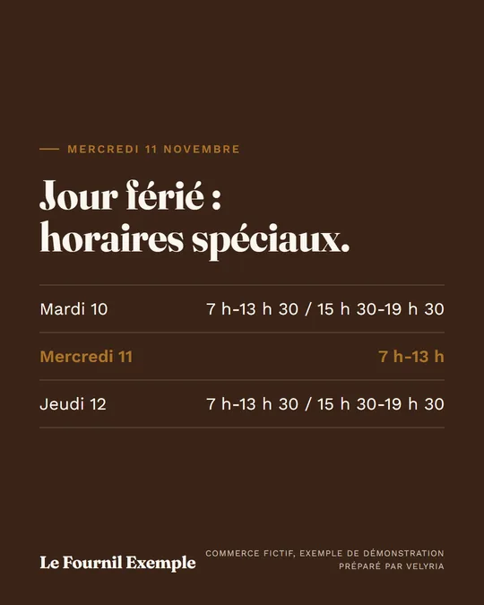Jour férié : horaires spéciaux.